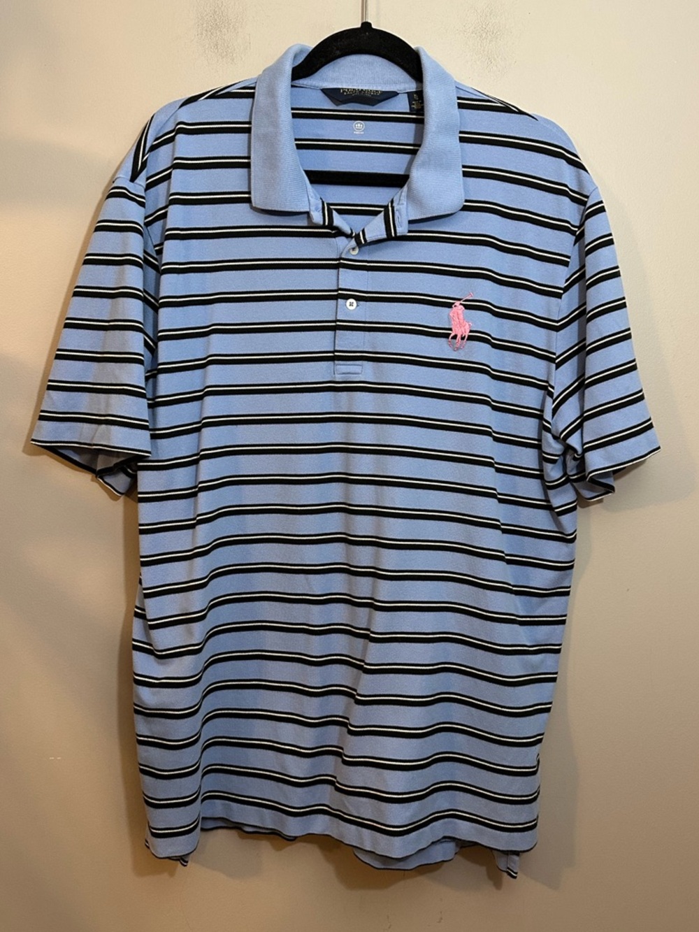 Polo Golf Ralph Lauren Mens Blue Black Stripe Pink Big Pony Casual  Size XL